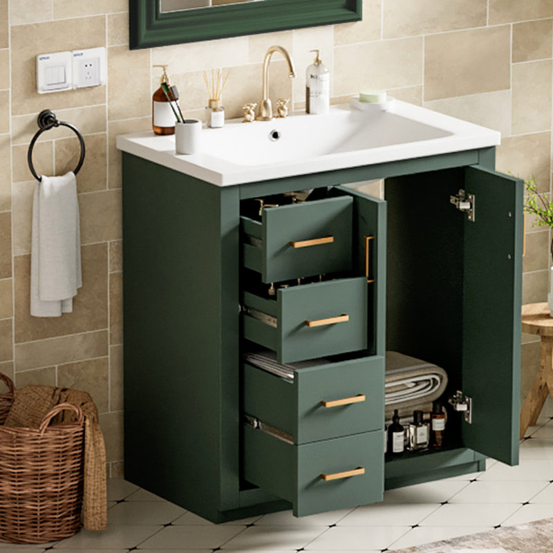 Ensemble de meuble-lavabo 30 po avec lavabo en céramique, armoire de rangement en bois massif, ensemble de meuble-lavabo autoportant avec 3 tiroirs et portes à fermeture douce