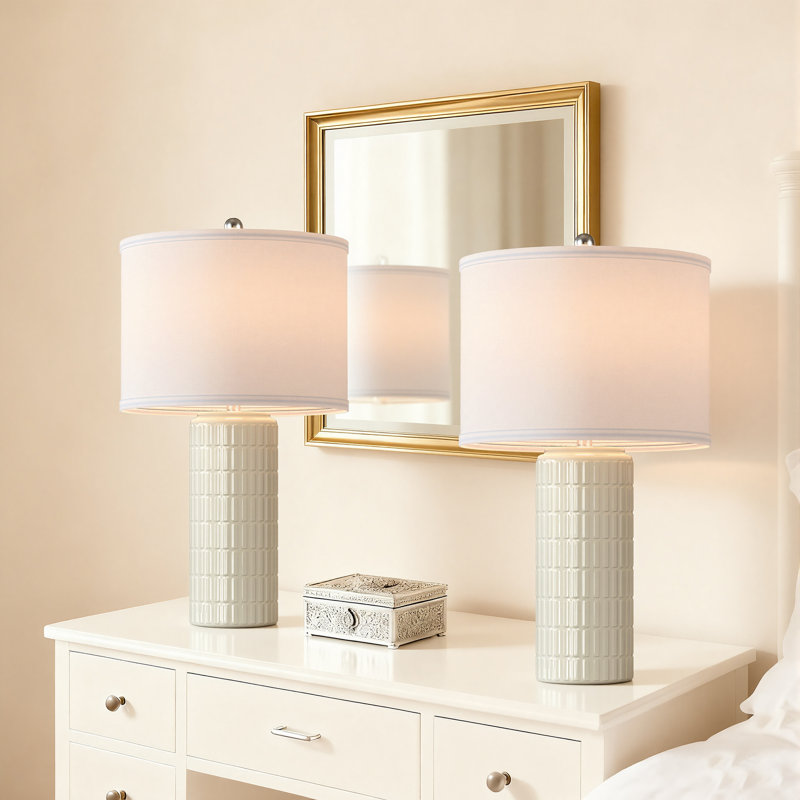 Lampe de table contemporaine en céramique 23 po avec abat-jour en lin, design minimaliste moderne, Crème