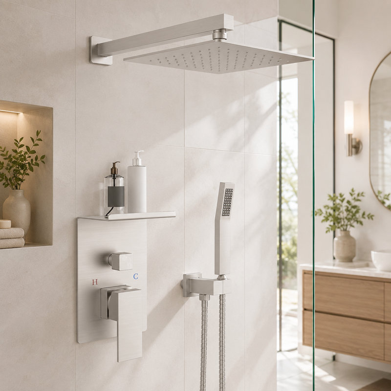 Système de douche mural de luxe, robinet de douche à pluie haute pression carré en nickel brossé 10 pouces avec support de rangement pratique