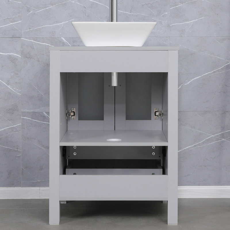  24" Single Bathroom Vanity Set with Ceramic Vessel Sink, Manufactured Wood Top, Gray, Gray
