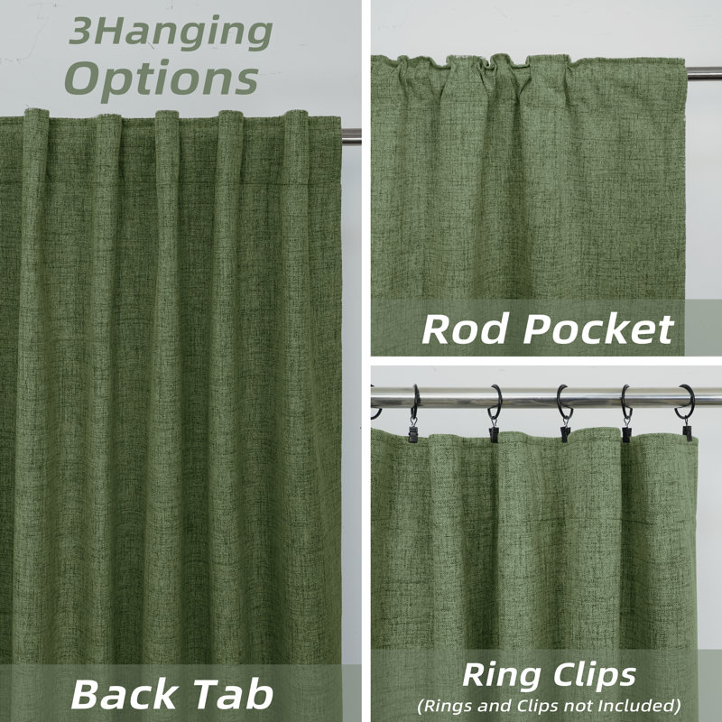 100% Blackout Linen Textured  Curtains Farmhouse Thermal Insulated Pocket Back Tab Full Light Blocking 2 Panel, 52" W x 63" L