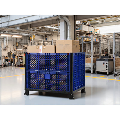 Blue Bulk Container Featuring Mesh Walls High Density Polypropylene 600 Lbs Capacity 4 Stacking Feet - Way Access And Rust
