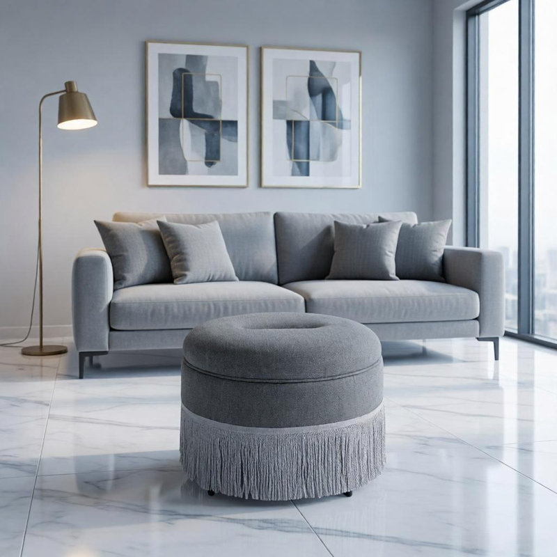Pouf de rangement rond rembourré de 23,23 pouces avec franges, Green