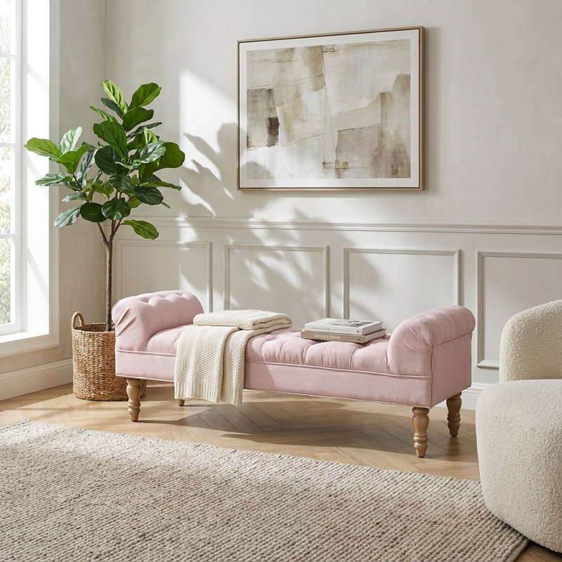 Large Button-Tufted Upholstered Ottoman Bench with Rolled Arms and Solid Wood Legs, Pink, Natural
