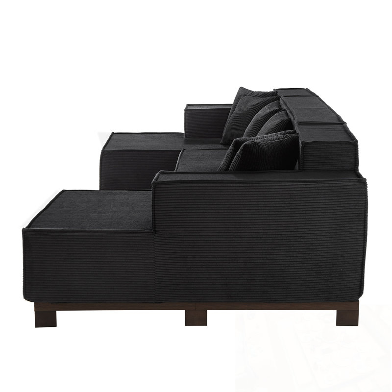 U-Shaped Sectional Sofa With RGB LED Light Strip And 6 Pillows, Black Corduroy