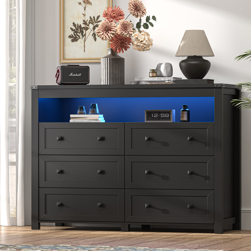 Commode 6 tiroirs avec lumières et prise de courant, Noir