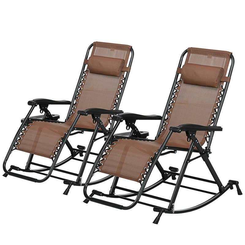 Ensemble de 2 chaises berçantes d'extérieur, chaise berçante inclinable et pliable inclinable avec coussin, porte-gobelet et téléphone, conception combinée avec pieds pliants