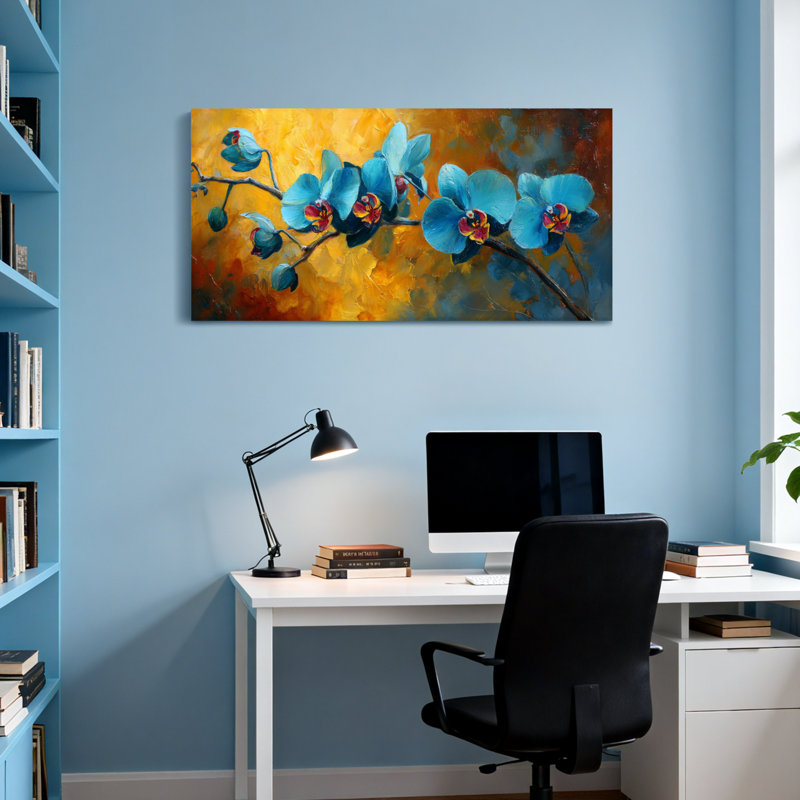 Plantes et fleurs, orchidées bleues sur fond chaud, reproduction d'art, H 24 po x l 48 po