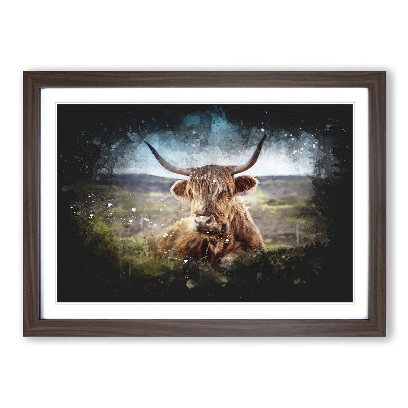 A Resting Highland Cow - Picture Frame Graphic Art Print, 24cm H x 33cm W x 2cm D, Walnut Framed