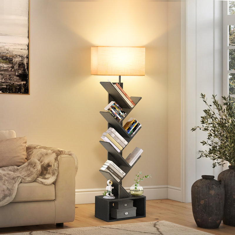 57" LED Tree Floor Lamp with Bookcase and Remote Control, White, Black