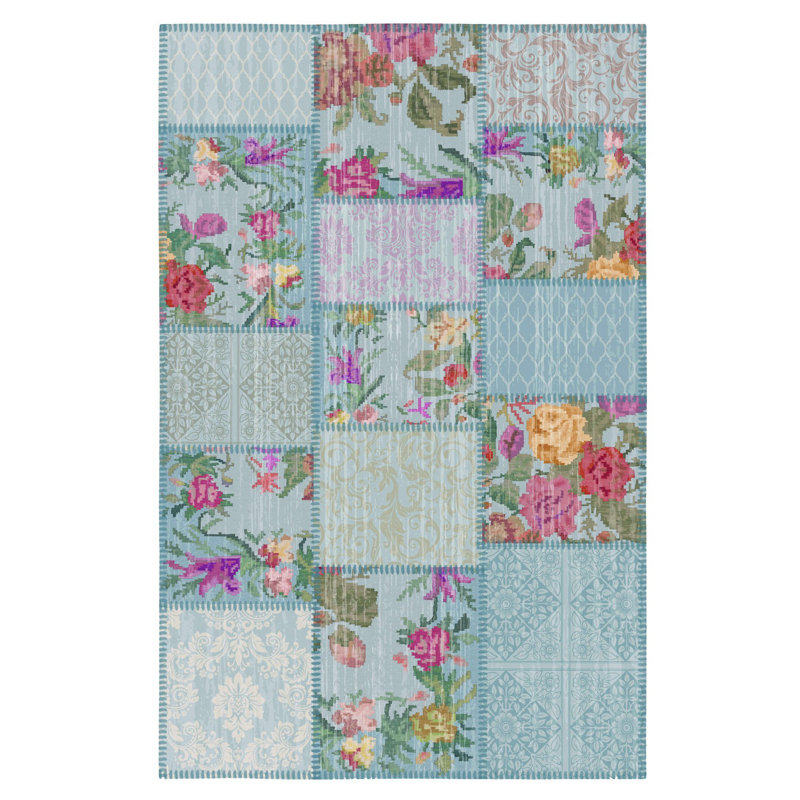 Tapis tissé bleu Karabagh et patchwork, Rectangle 4 pi 7 po x 6 pi 6 po