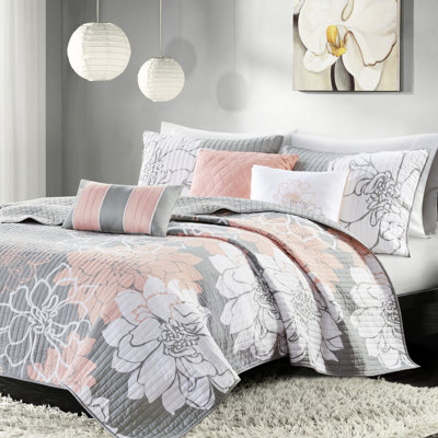 Courtepointe 6 pièces, gris / pêche, double / grand, coton imprimé, chaleur réversible, 3 coussins élégants, coussin décoratif pour la literie