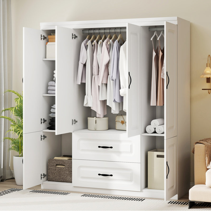 Armoire penderie 4 portes avec 2 tiroirs et tringle blanche