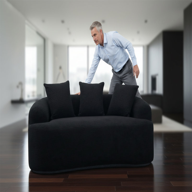 Canapé courbé en tissu chenille deux places avec 3 coussins, Noir