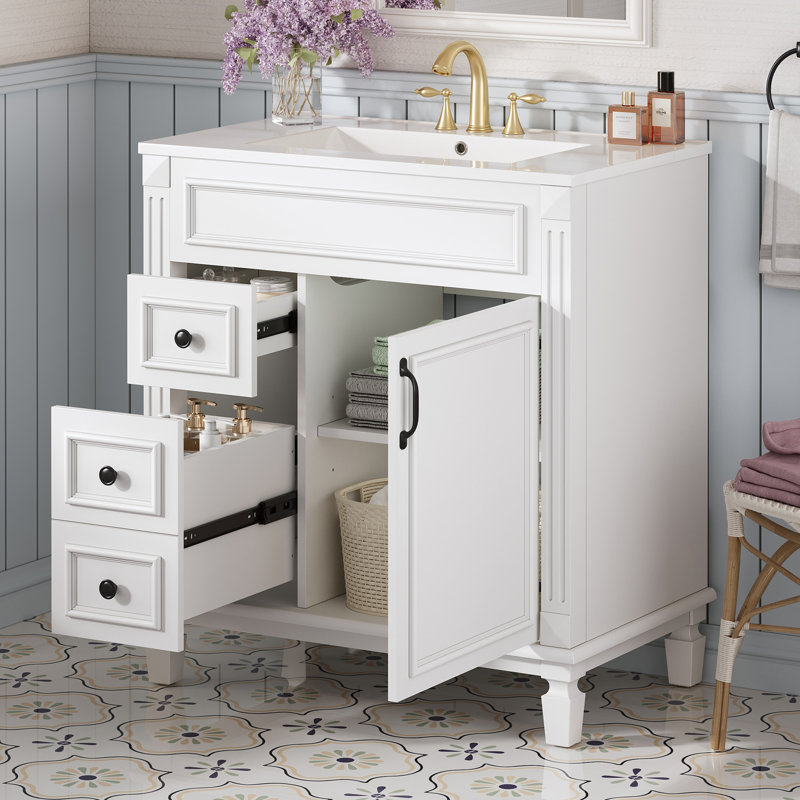 30" Modern French Bathroom Vanity - Single Vanity with Ceramic Sink,2 Drawers & Adjustable Shelf, White
