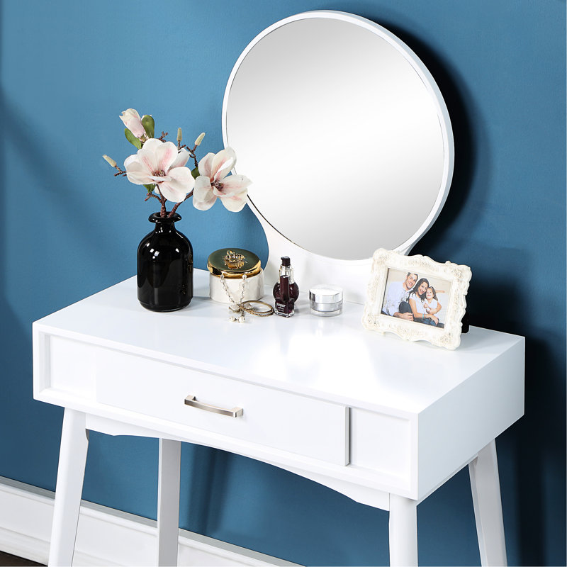 Meuble-lavabo et tabouret blancs - Design moderne pour votre routine de beauté 30,24 "de hauteur de table Meuble de chambre contemporain et élégant avec miroir rond en bois d'hévéa