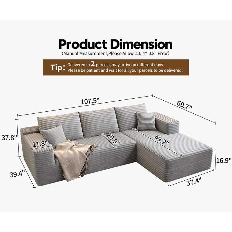 Canapé modulaire 107,5 po Cloud, Orienté à droite, Tissu velours côtelé gris moelleux
