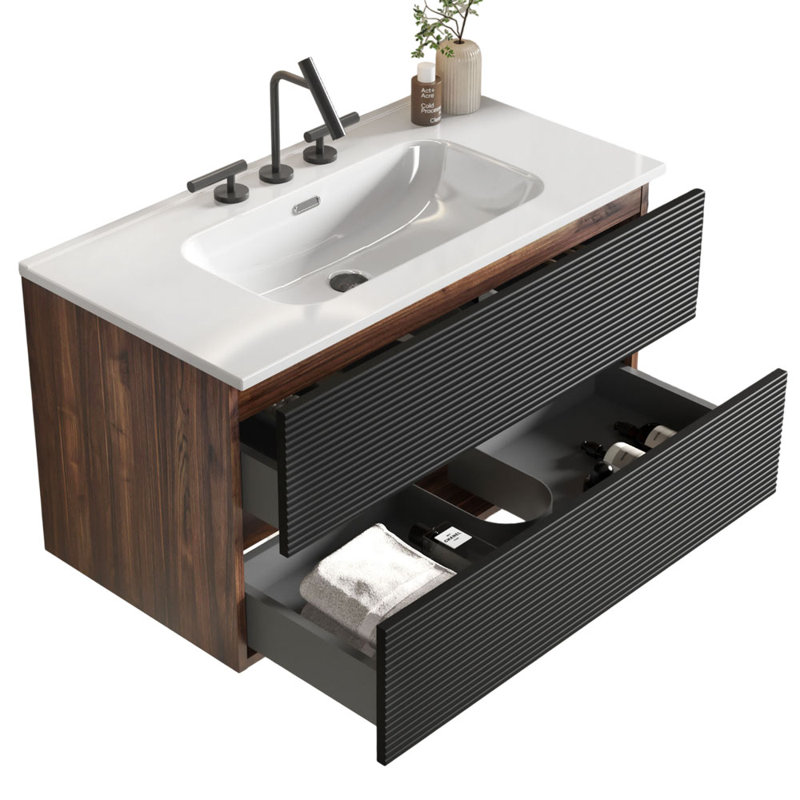 Meuble-lavabo simple de 30 po avec dessus en céramique avec trop-plein Kersha, pré-assemblé, Brun, 30", Trou simple