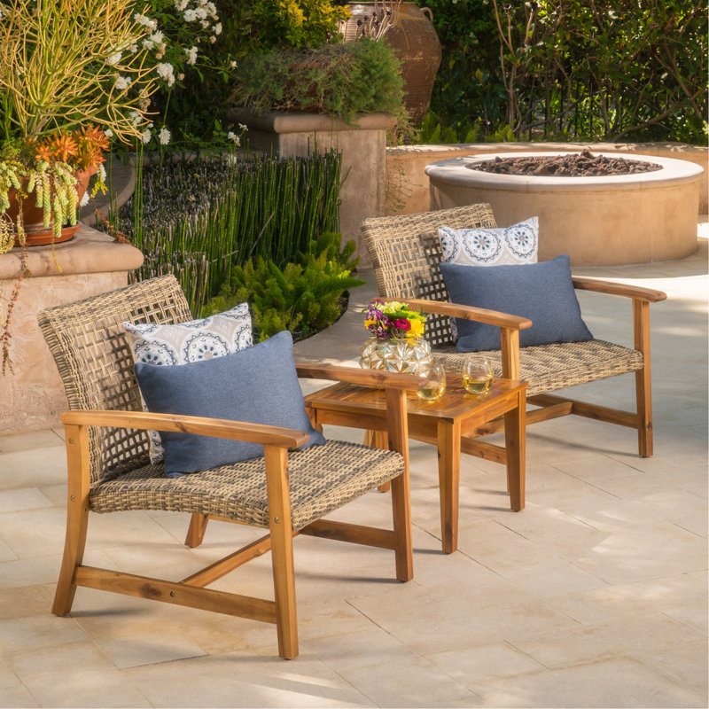 Outdoor Acacia Wood Wicker Club Chairs With Acacia Wood Frame, 2-Pcs Set, Natural+Gray