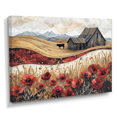 Les coquelicots de campagne et la vache et la grange III - coquelicots, art mural pour le salon