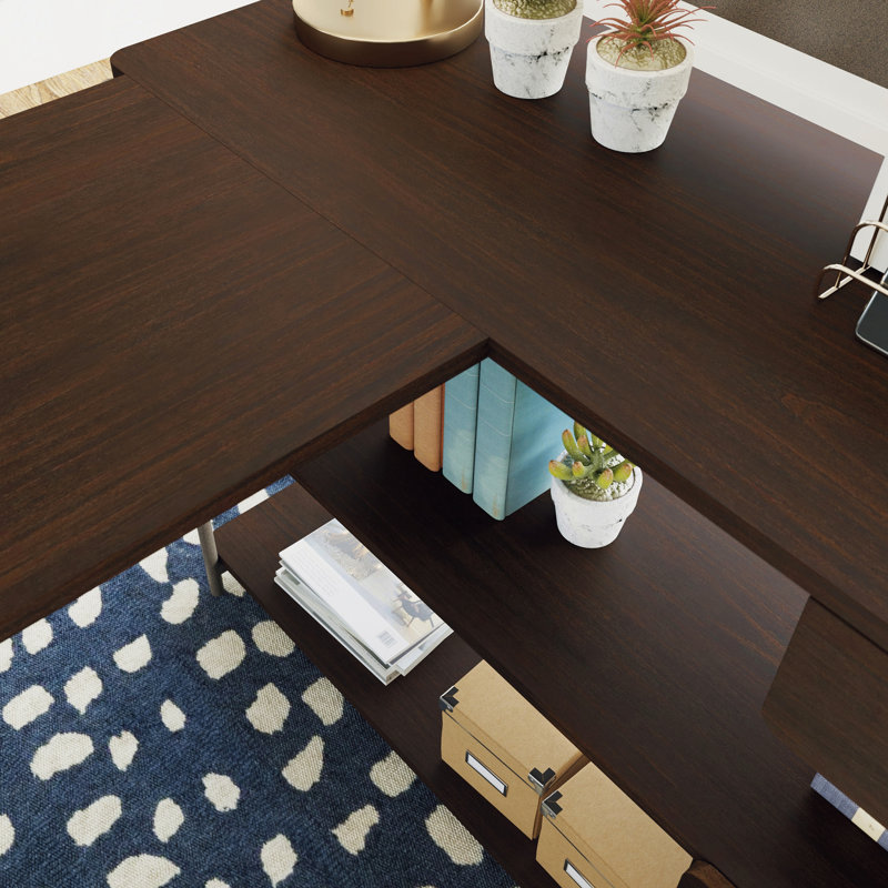 Bureau en L avec 2 tiroirs à glissement lisse, finition brune