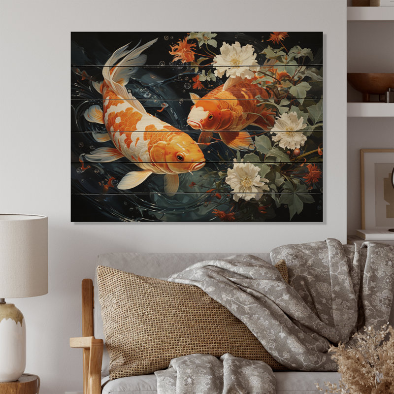 Asian Art Koi Dance II sur impression sur bois, H 24 po x l 32 po x P 0,78 po