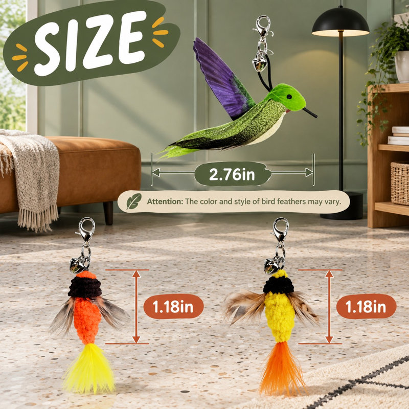 Baguette de jeu colibri douce et duveteuse avec clochette et plume, accessoire de rechange pour jouer à la poursuite des chatons à l'intérieur