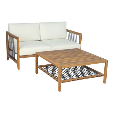 2-Piece Acacia Wood Outdoor Loveseat with Coffee Table with Handwoven Rope & Cushions for Backyard, Balcony, Garden