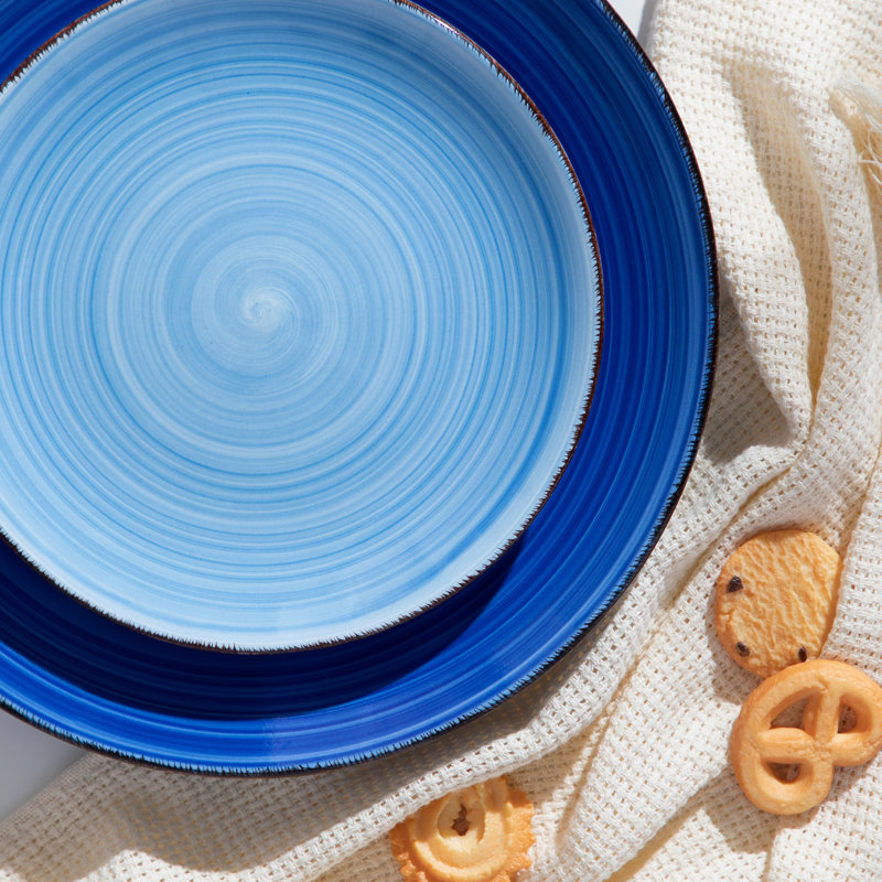 18-Piece Hand-Painted Blue Mix & Match Dinnerware Set for 6, Terracotta with Dot Motif, Includes Dinner Plates, Dessert Plates & Soup Bowls