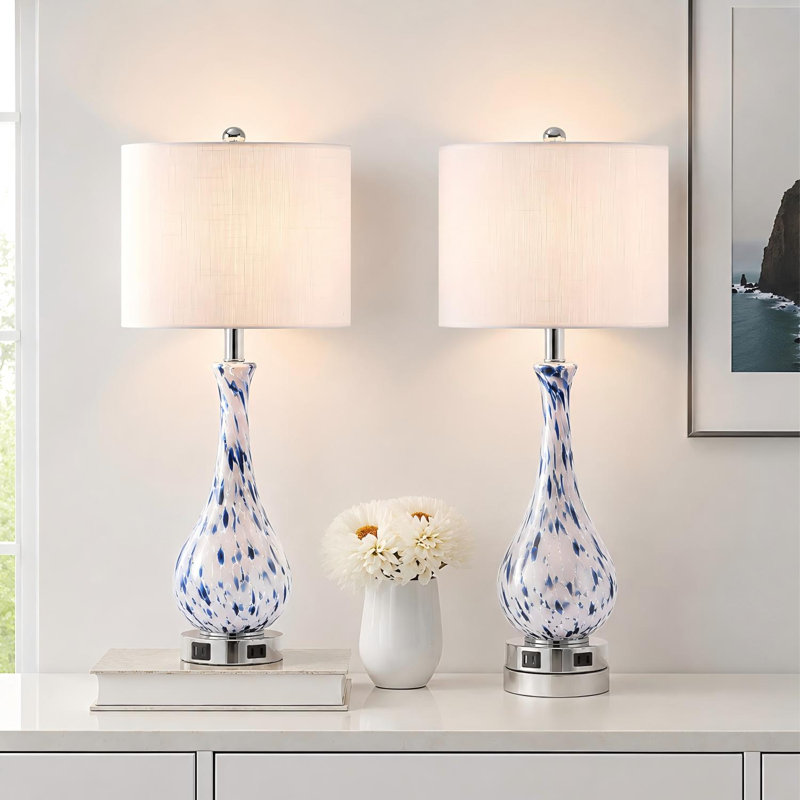 Tylek 27.5 in. Glass USB Table Lamp with USB Type-C Ports and Built-in Outlet