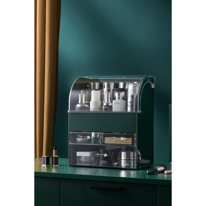 Vert Professionnel Grand Organisateur de Maquillage Cosmétique Étanche À La Poussière Étagère De Rangement De Cosmétiques Avec Tiroirs Portable Pour Pinceaux Rouge À Lèvres Bijoux