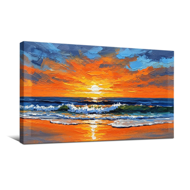Nautique et plage coucher de soleil océan vagues ciel réflexion plage horizon couleurs, H 16 po x l 32 po