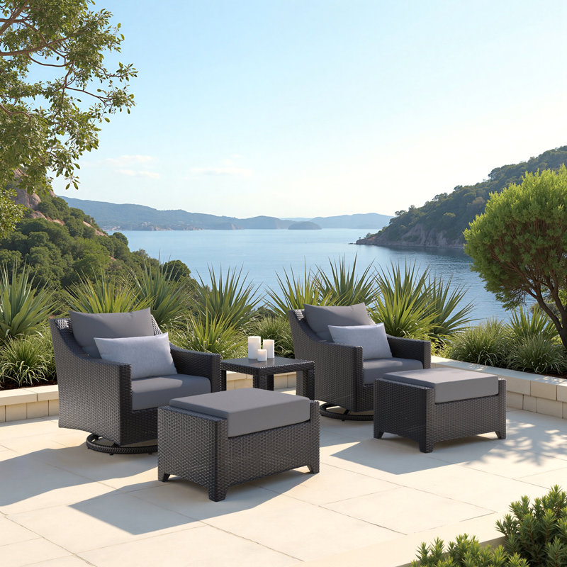 Mifflin 5 Piece Rattan Sunbrella 2 Person Seating Group with Cushions, Charcoal Gray Sunbrella