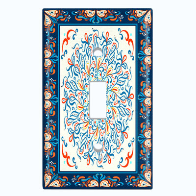 Metal Light Switch Plate Outlet Cover (White Elegant Flower Blue Orange Frame Tile  - Single Toggle)