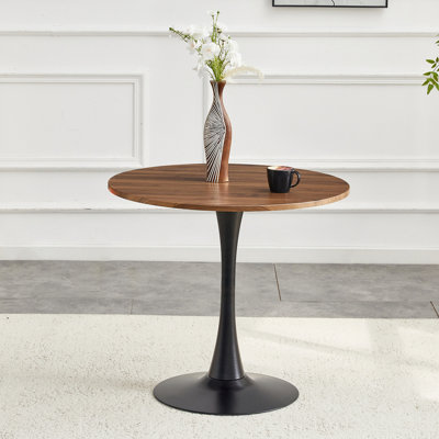 Table de salle à manger ronde, table tulipe ronde de 31,5 po avec plateau de table épaissi et piédestal en métal, table de bistro moderne Mid-Century pour la cuisine, les petits espaces, le salon et le café (faux noyer)