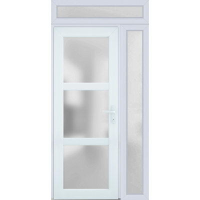 Porte d'entrée extérieure prémontée en fibre de verre, verre dépoli, Manux 8552 Blanc Soie, fenêtres latérales et supérieures, portes extérieures pour bureaux, commerces et habitations, entrée, patio, garage - L 91,4 cm + 36,6 cm x H 203,2 cm + 36,6 cm - Ouverture à droite vers l'intérieur