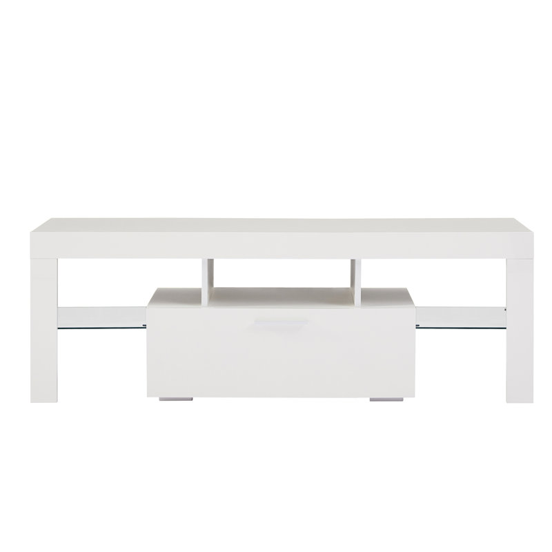 Console média blanche avec ceinture à DEL et télécommande, 16 couleurs, 4 modes, pour téléviseur de 55 po, tablette en verre trempé, poignée de téléviseur à DEL en métal, rétroéclairage, compatibilité, instructions d'assemblage claires