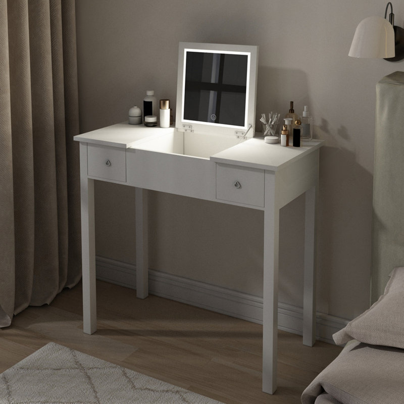 Bureau de coiffeuse multifonctionnel avec éclairage réglable à 3 niveaux avec miroir rabattable et rangement Table de maquillage profonde 15,75 po 2 tiroirs et 3 boîtes de rangement amovibles Bureau de bureau compact blanc