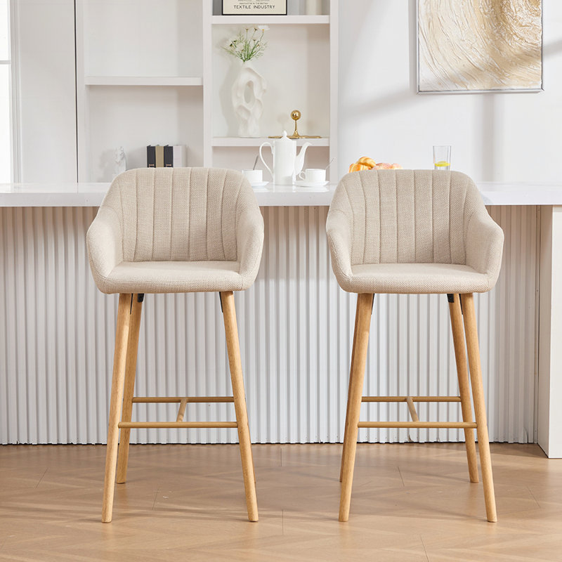 Ensemble de 2 tabourets de bar modernes avec îlot de cuisine avec repose-pieds et pieds en bois massif, Beige