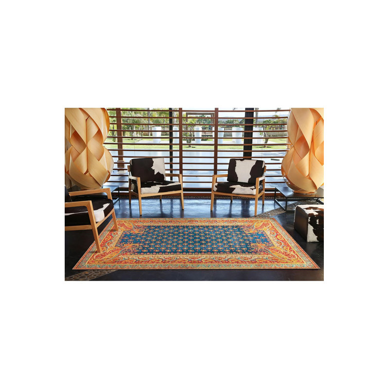 Tapis bleu décoratif traditionnel lavable, Sous-tapis carré 3 pi 3 po inclus