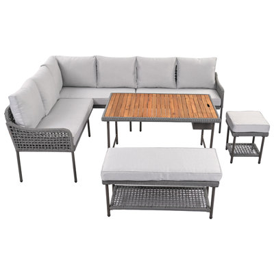 6-Piece Rope Patio Sectional Set, L-Shaped Outdoor Sofa with Table, Ice Box, Deep Cushions