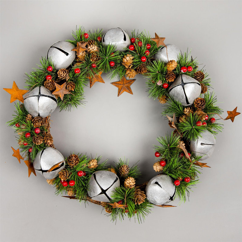 Green Christmas Wreath with Bells, Stars, Pine Cones and Berries, PVC Decorative Door Wreath, 9.84cm H x 9.84cm W x 10cm D