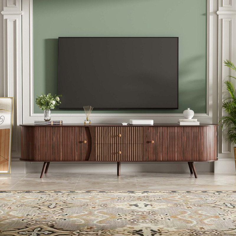 Console de télévision Mid-Century moderne avec portes tambour et rangement cannelé