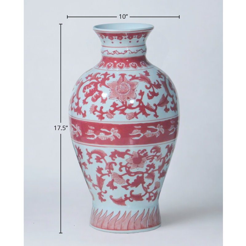 17" Porcelain Vase with Floral Design, Red/White