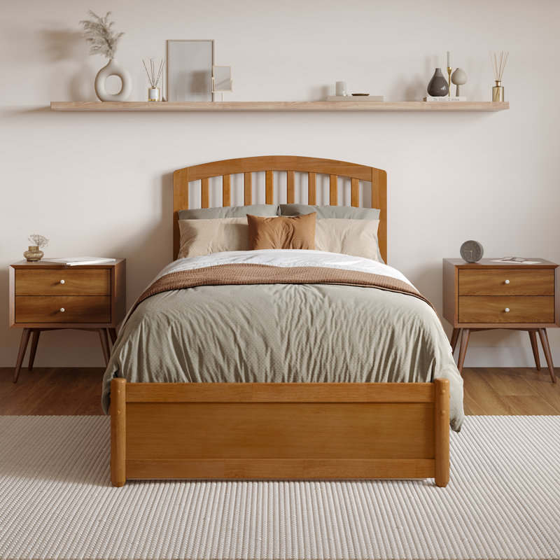 Lamari Solid Wood Platform Bed with Footboard & Roll Out Trundle Bed, Twin XL, Light Toffee