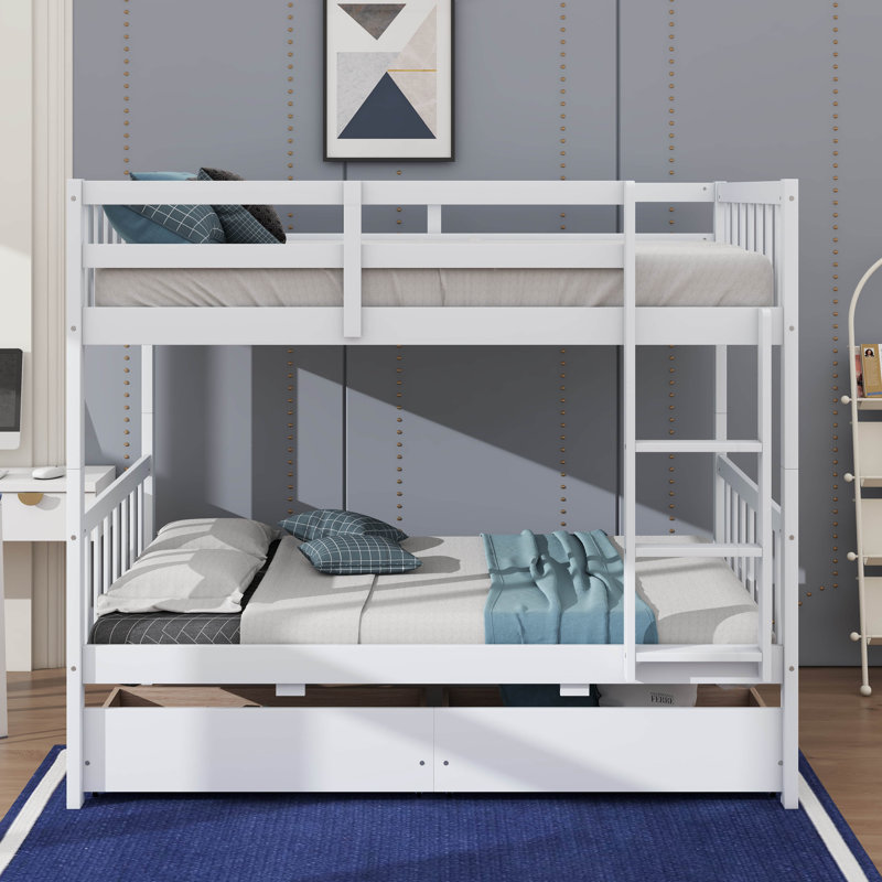 Lit superposé simple au-dessus de simple avec 2 tiroirs, lits superposés convertibles, Blanc