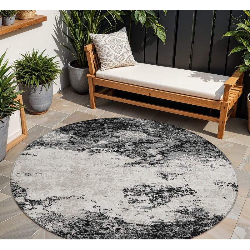 Tapis extérieur rond lavable abstrait 8 pi noir et gris