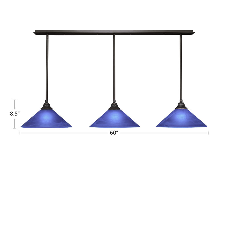 3 Light Stem Hung Linear Pendalier Shown With 16" Blue Italian Glass, Dark Granite