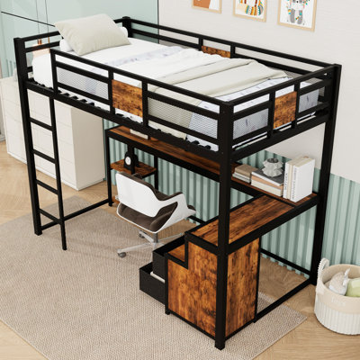 Metal Loft Bed with Desk and Drawers