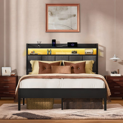 Easy Assembly Queen Size Bed Frame With Led Light &charging Station, Metal Platform Bed With 2-tier Shelves & Under Bed Storage, Upholstered Headboard&footboard, Noise Free, Black + Gray